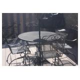 WOODARD COIL SPRING CHAIRS , TABLE , MARKET UNBRELLA AND UNBRELLA STAND
