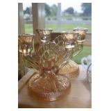CARNIVAL GLASS DOUBLE CANDLE STICK HOLDER JEANETTE IRIS & HERRINGBONE MARIGOLD 