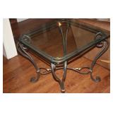 TWO WROUGHT IRON / GLASS LAMP TABLES