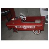 VINTAGE METAL FIRE TRUCK PEDDLE CAR
