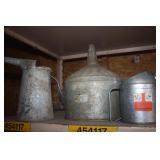 VINTAGE GALVANIZED OIL PITCHERS AND FUNNEL