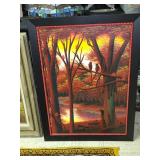 painting acrylic on canvas, Ruby tinted forest with birds artist signed by Carlos Junior