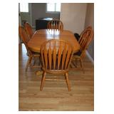 OAK TABLE WITH SELF STORING LEAK + 6 CHAIRS