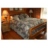 QUEEN BED OAK AND WROUGHT IRON HEAD/FOOTBOARD