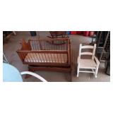 Vintage wood baby cradle & Childs wood rocking chair