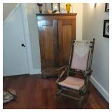 Vintage American Style Rocking Chair in Pink Velvet & Primitive antique wood armoire 