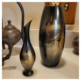 Vintage Mid Mod Japanese Fine Arts Etched Mixed Metal Vases