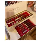 Vintage Sheffield England Carving set with Steak Knives - Bakelite Faux Horn Handles