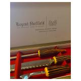 Vintage Sheffield England Carving set with Steak Knives - Bakelite Faux Horn Handles