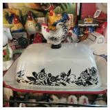 Ceramic Rooster Butter dish with a floral pattern