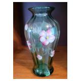 Vintage Fenton Art Glass Twilight Blue Tulips vase, hand-painted by A. Meeks