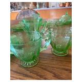  green depression glass sugar bowls and a creamer in the "Cameo" pattern, also known as "Ballerina" 
