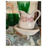 vintage Iroquois China creamer pitcher with a red "Harvest Time" pattern on a white base