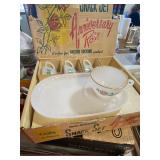 8-piece vintage Anchor Hocking Anniversary Rose snack set in its original box. 