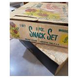 8-piece vintage Anchor Hocking Anniversary Rose snack set in its original box. 