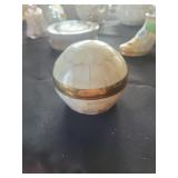 a small spherical box in bronze covered with mother-of-pearl. Polished Clam shell Trinket box with B