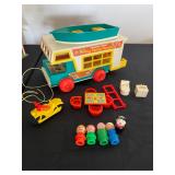 Vintage Fisher Price Play Family Camper - Set includes plastic camper, blue boat, yellow motorcycle 