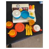 Vintage Fisher - Price Magic Burner kitchen set - includes pots, pans, plates, cups and utensils