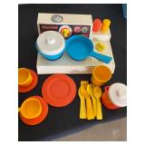 Vintage Fisher - Price Magic Burner kitchen set - includes pots, pans, plates, cups and utensils