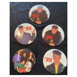  five vintage New Kids on the Block (NKOTB) pin-back buttons. The buttons are 6 inches in diameter, 