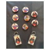  vintage New Kids on the Block (NKOTB) pinback buttons and keychains. The items feature images of th