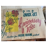 8-piece vintage Anchor Hocking Anniversary Rose snack set in its original box. 