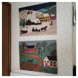 Vintage Folk Art Sleigh Ride Painting on Board  American Snow Horse Farm & Folk Art Painting, Vintag