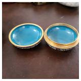 Vintage Trinket box Chinese Cloisonne Champleve blue interior bowl, round