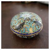 Vintage Trinket box Chinese Cloisonne Champleve blue interior bowl, round