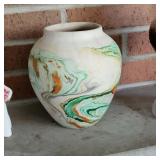 Vintage Nemadji Pottery Vase…Handmade Pottery. Clay. MCM. Swirled Vase. Retro Container. Orange. Gre
