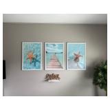 coastal-themed 3-piece wall art set featuring starfish and a beach pier landscape. 