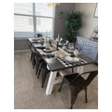 rustic wood table with white painted legs & metal dining chairs