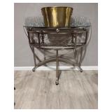contemporary silver metal and glass server with a wine rack
