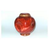 LOT 23 ANTIQUE LOETZ CARNEOL + GOLD HAND PAINTED LEAF RIM ART GLASS DIMPLE VASE