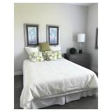 Bed, wall art, linen, home decor.