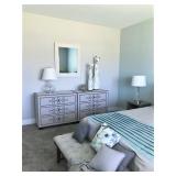 Dresser, mirrors, home decor.