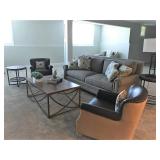 Sofas, tables, chairs and lamps.