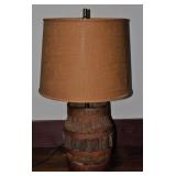 Table Lamp from an Antique Wagon Wheel Hub with Burlap Shade