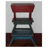 A collection of Vintage/Antique Farm House Stools: Red (5 5/8”H x12”W x 5.5”D), Small Blue (8 3/8”H A collection of Vintage/Antique Farm House Stools: Red (5 5/8”H x12”W x 5.5”D), Small Blue (8 3/8”H
