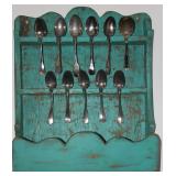 Primitive Folk Art 20th Century Spoon Cabinet (21”W x 26”H x 7”D) shown with Antique Serving Spoons