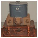 Vintage Blue Paint Picnic/Pantry Tin, Vintage Cardboard Suitcase and Antique Leather Suitcase Vintage Blue Paint Picnic/Pantry Tin, Vintage Cardboard Suitcase and Antique Leather Suitcase