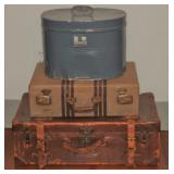 Vintage Blue Paint Picnic/Pantry Tin, Vintage Cardboard Suitcase and Antique Leather Suitcase 