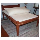 Antique 1800’s Solid Wood Rope Bed with bed board and mattress. Shown folded back, Lake Comfort Feat