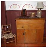 American Primitive Antique Child’s Log Chair with braided rope seat.   Dry Sink with Lift Top Storag