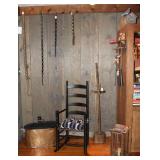 Photo view: Large Antique Copper Boiler with Lid,  Antique Black Pilgrim or Great Ladder Back Chair/