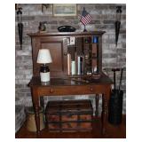 Overall View American Antique Plantation Desk with wide drawer and double doors.  Bottom Desk Area (