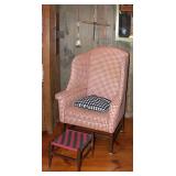 Williamsburg Vintage Red and White Upholstered Winged Back Chair. Shown with a Red and Black Tape B Williamsburg Vintage Red and White Upholstered Winged Back Chair. Shown with a Red and Black Tape B