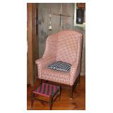 Williamsburg Vintage Red and White Upholstered Winged Back Chair. Shown with a  Red and Black Tape B