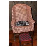 Williamsburg Vintage Red and White Upholstered Winged Back Chair. Shown with a Red and Black Tape B Williamsburg Vintage Red and White Upholstered Winged Back Chair. Shown with a Red and Black Tape B