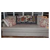 Large Wheat Linen Sofa  Shown with red and white Toile and Striped Throw Pillows